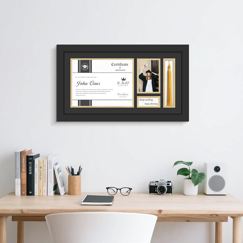 Picrit 11x21 Diploma Frames with Tassel Holder for 8.5x11 Certificate/Degree Document & 4x6 Graduation Photos, with Tempered Glass, Black with Gold Mat, Wall Mount Display - Image 2